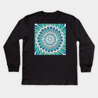 Blue Floral Lagoon Mandala - Intricate Digital Illustration - Colorful Vibrant and Eye-catching Design for printing on t-shirts, wall art, pillows, phone cases, mugs, tote bags, notebooks and more Kids Long Sleeve T-Shirt